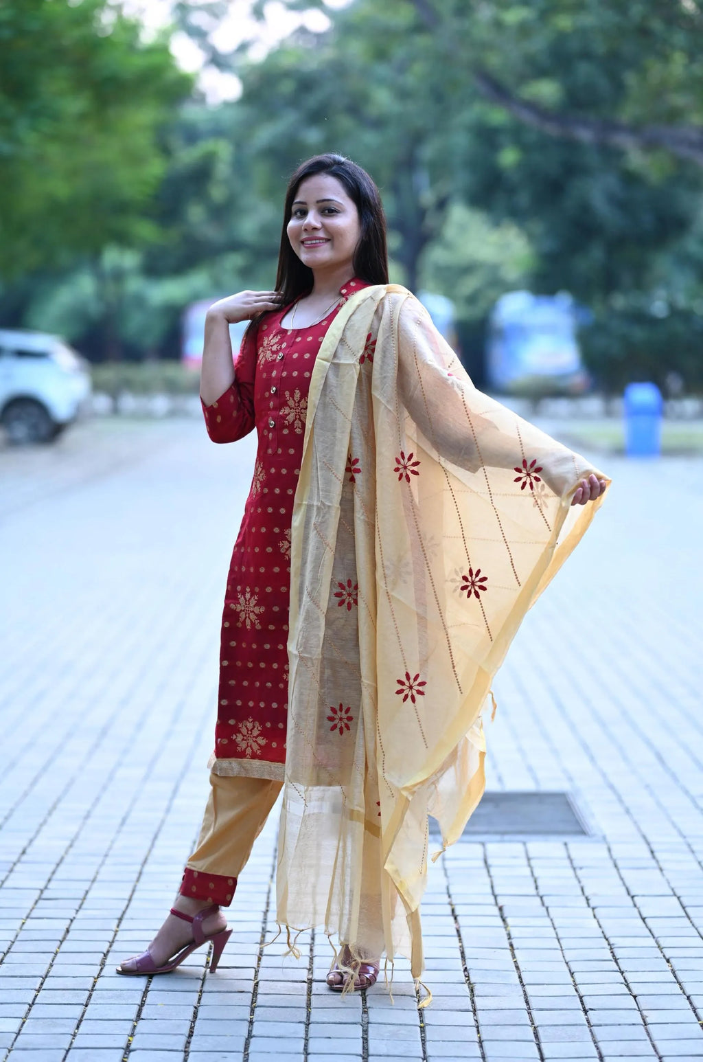 Pure Chanderi Kurti Set With Emborderd Cotton Dupatta
