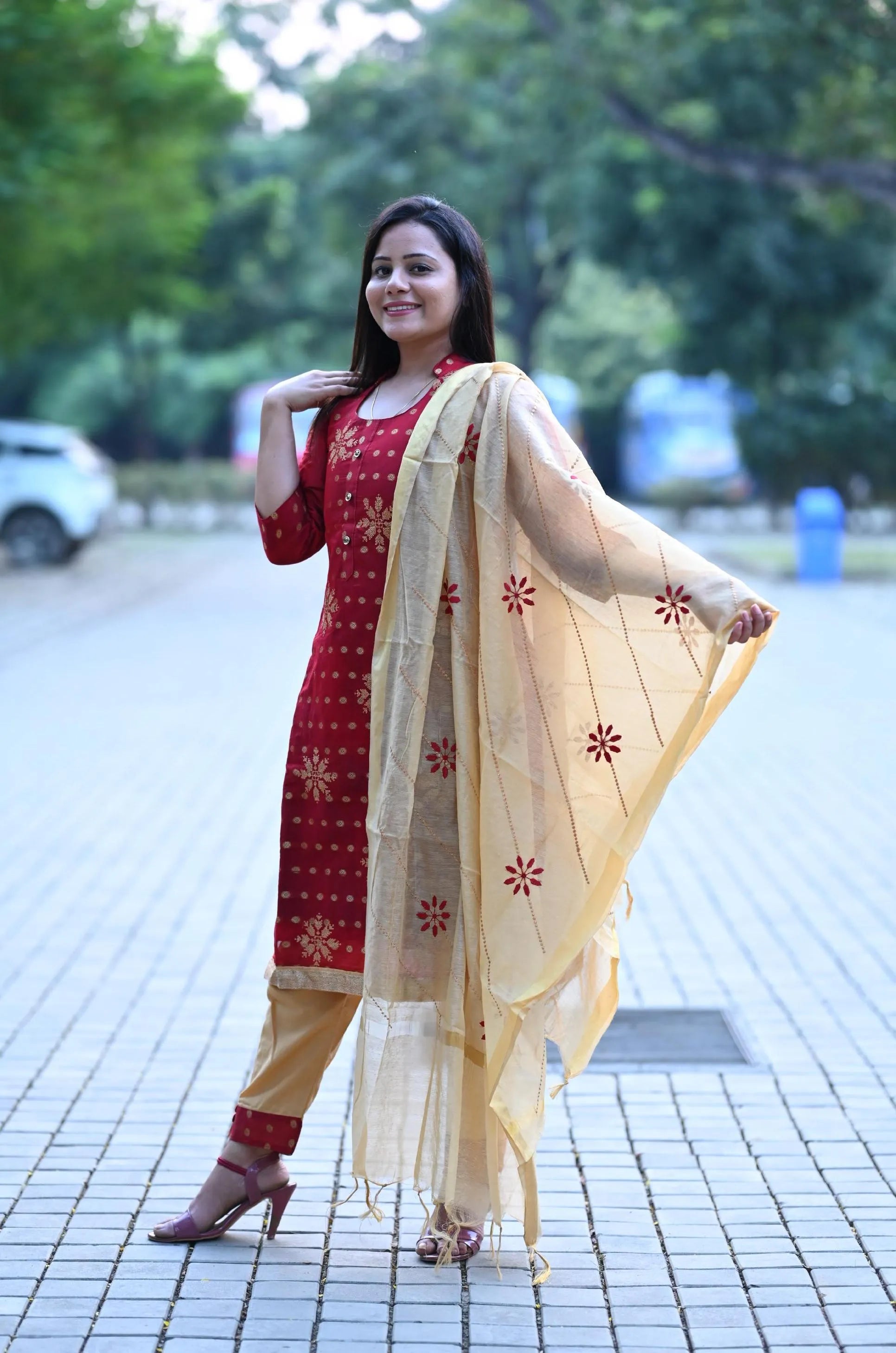 Pure Chanderi Kurti Set With Emborderd Cotton Dupatta