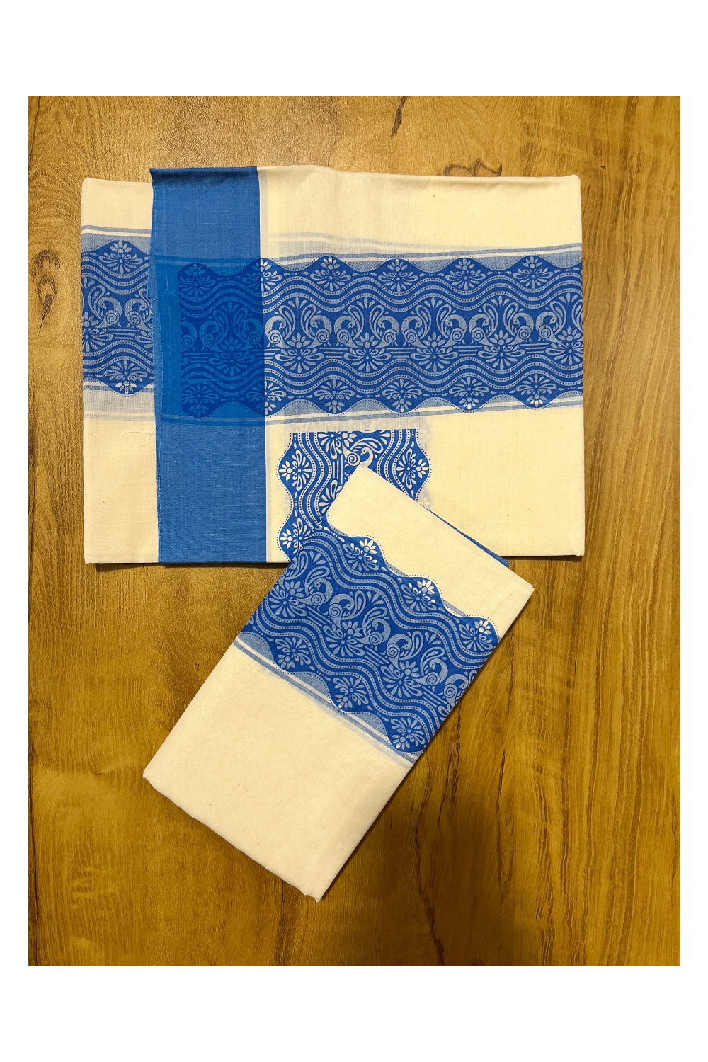 Kerala Cotton Single Set Mundu with Blue Block Print Work Border (2.80 Mtrs)
