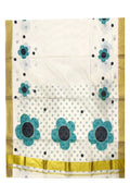 Southloom Exclusive Onam Kasavu Saree Digital Turquoise Floral Print (Blouse Included)