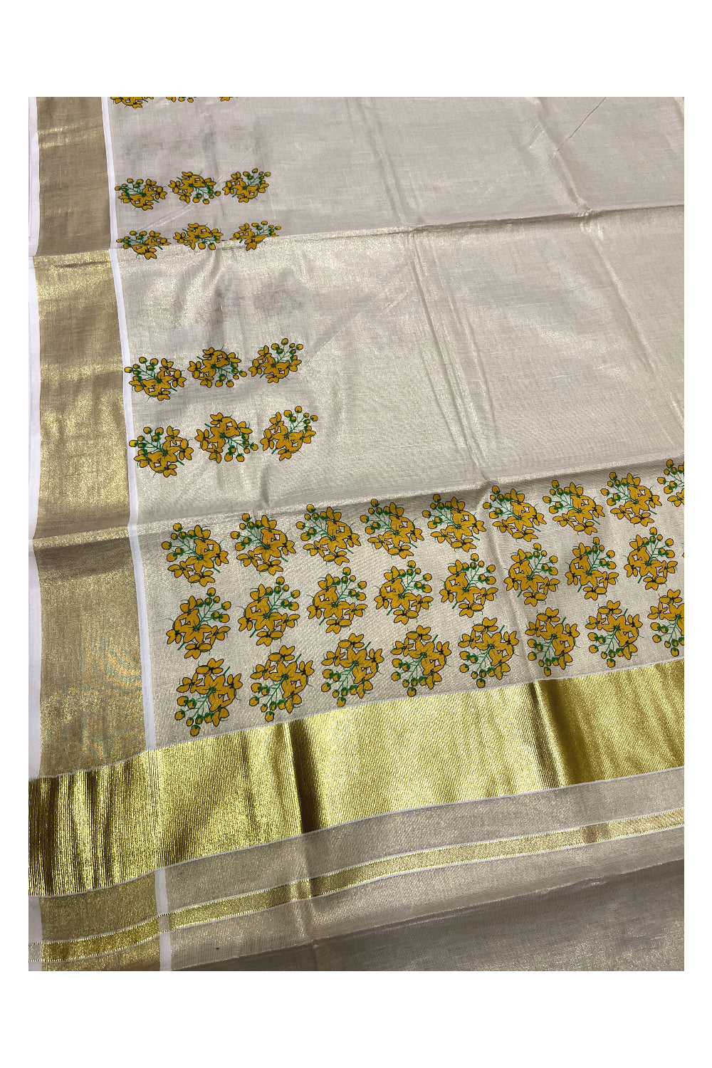 Kerala Tissue Kasavu Saree with Floral Prints on Body SL257