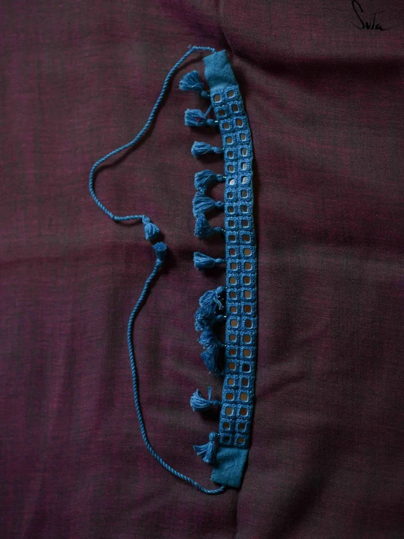 Blue Cotton Woven Choker with Mirror Work & Tassels