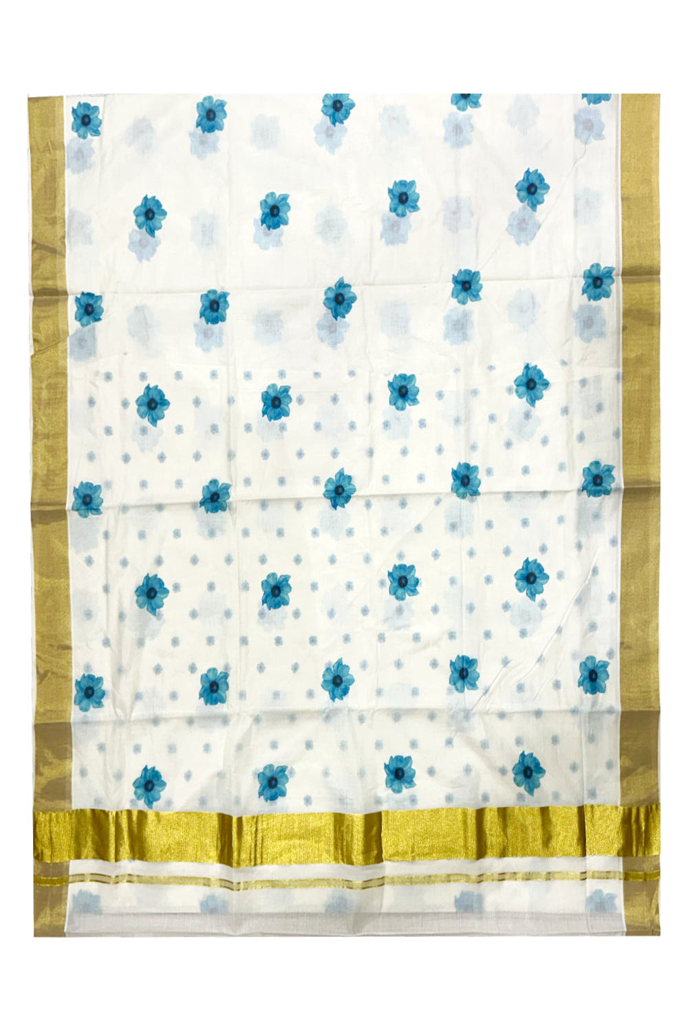 Southloom Exclusive Onam Kasavu Saree Small Blue Floral Digital Print