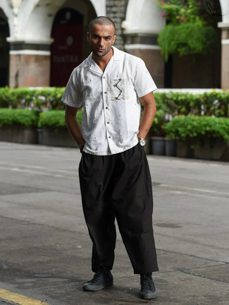 White Cotton Jamdani Half Sleeve Shirt for Men