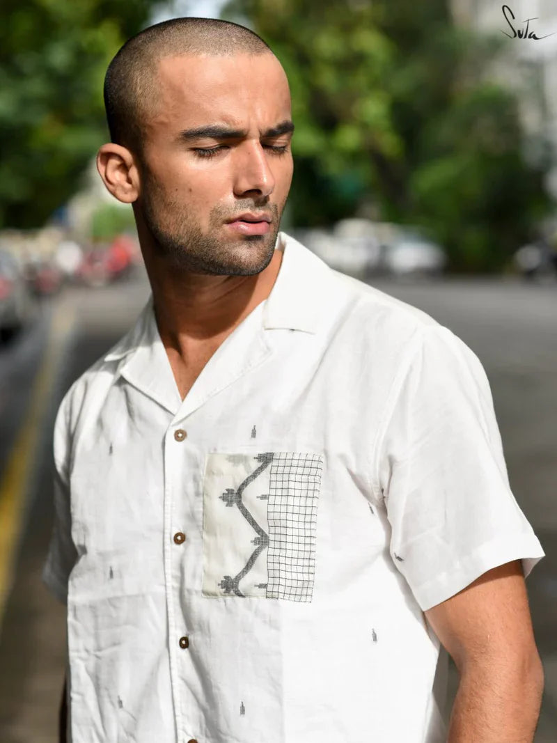 White Cotton Jamdani Half Sleeve Shirt for Men