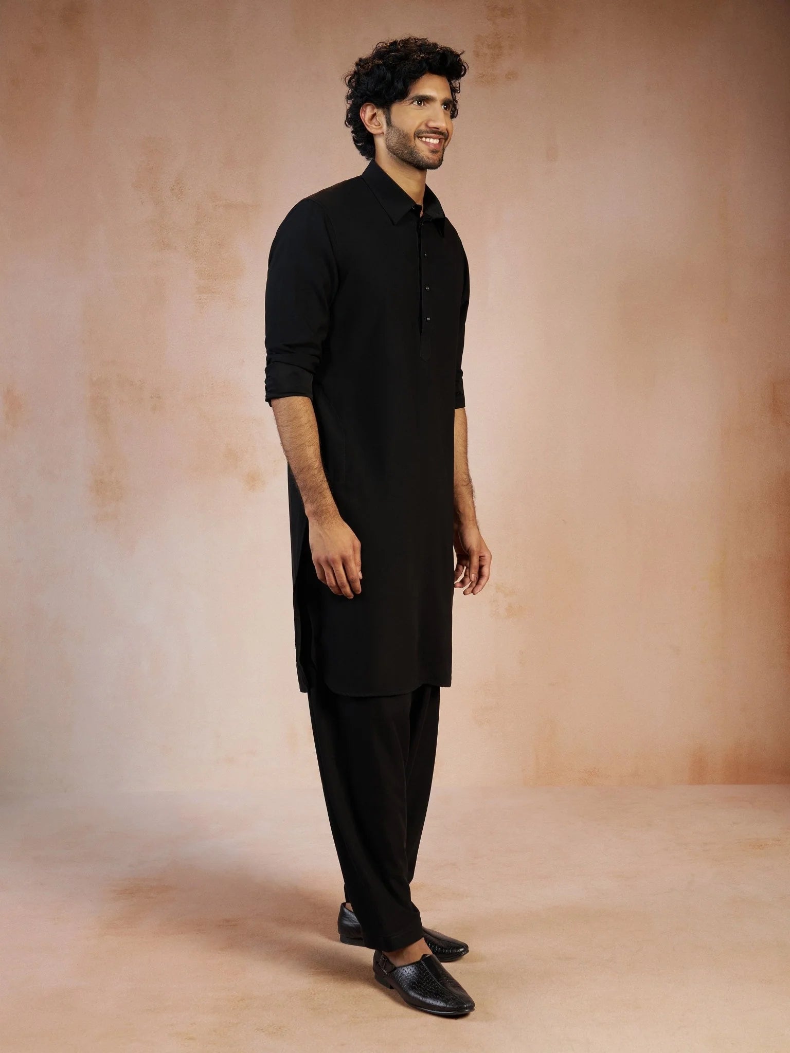 Men's Black Solid Silk Blend Pathani Kurta with Patiala Pyjama Set
