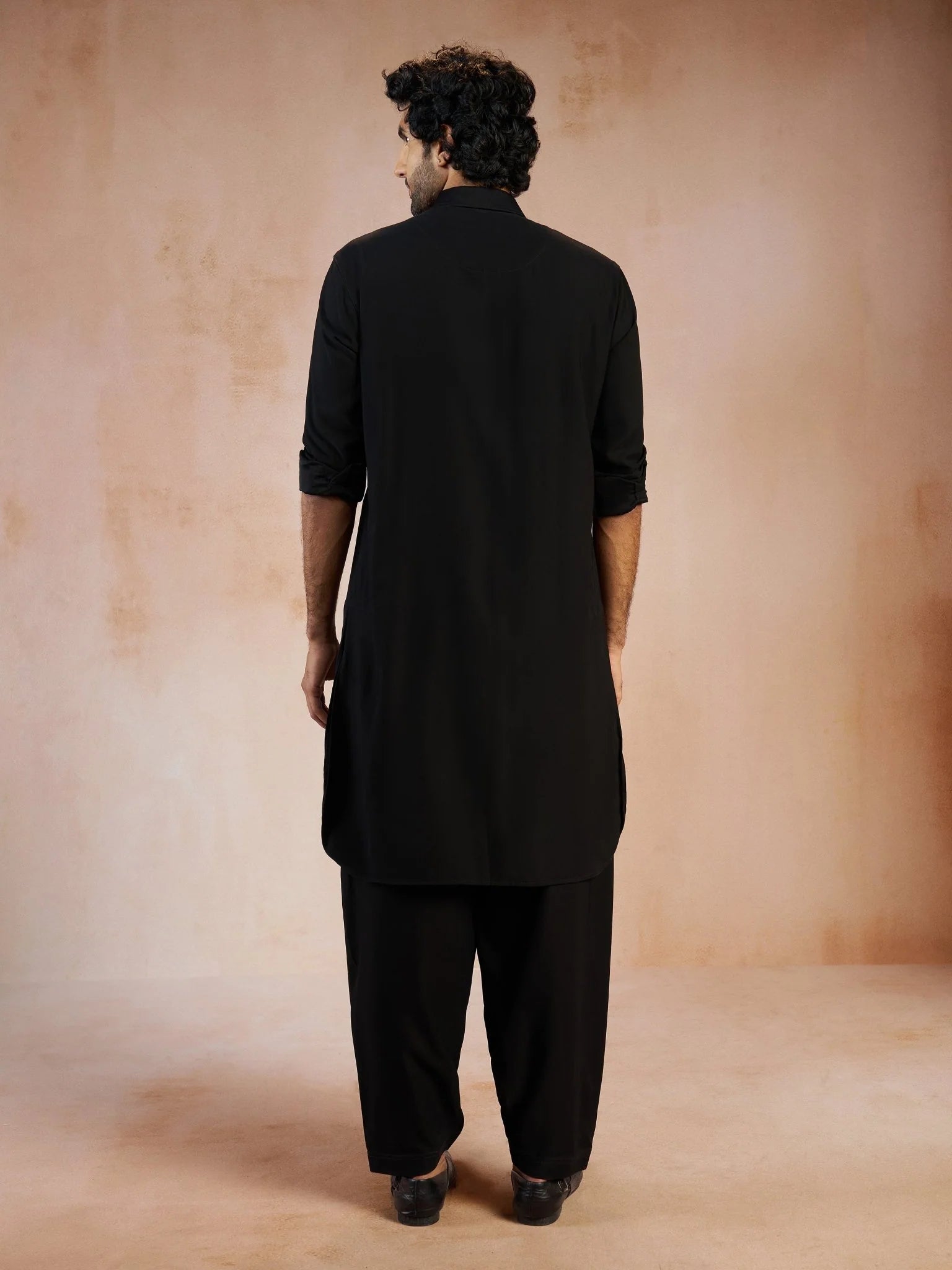 Men's Black Solid Silk Blend Pathani Kurta with Patiala Pyjama Set