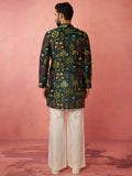 Men's Bottle Green Digital Print Kurta with Cream Satin Palazzo Set