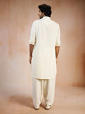 Men's Cream Solid Silk Blend Pathani Kurta with Patiala Pyjama Set