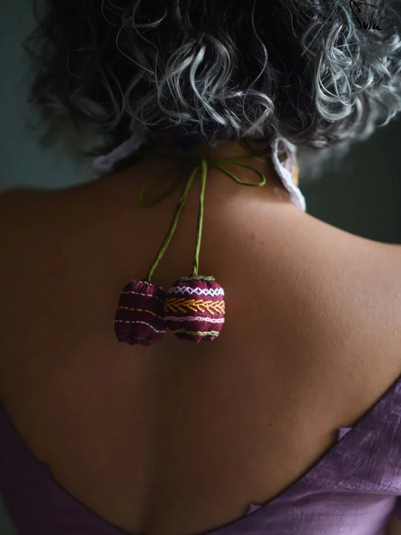 Purple Hand Embroidery Tussar Silk Choker with Lace