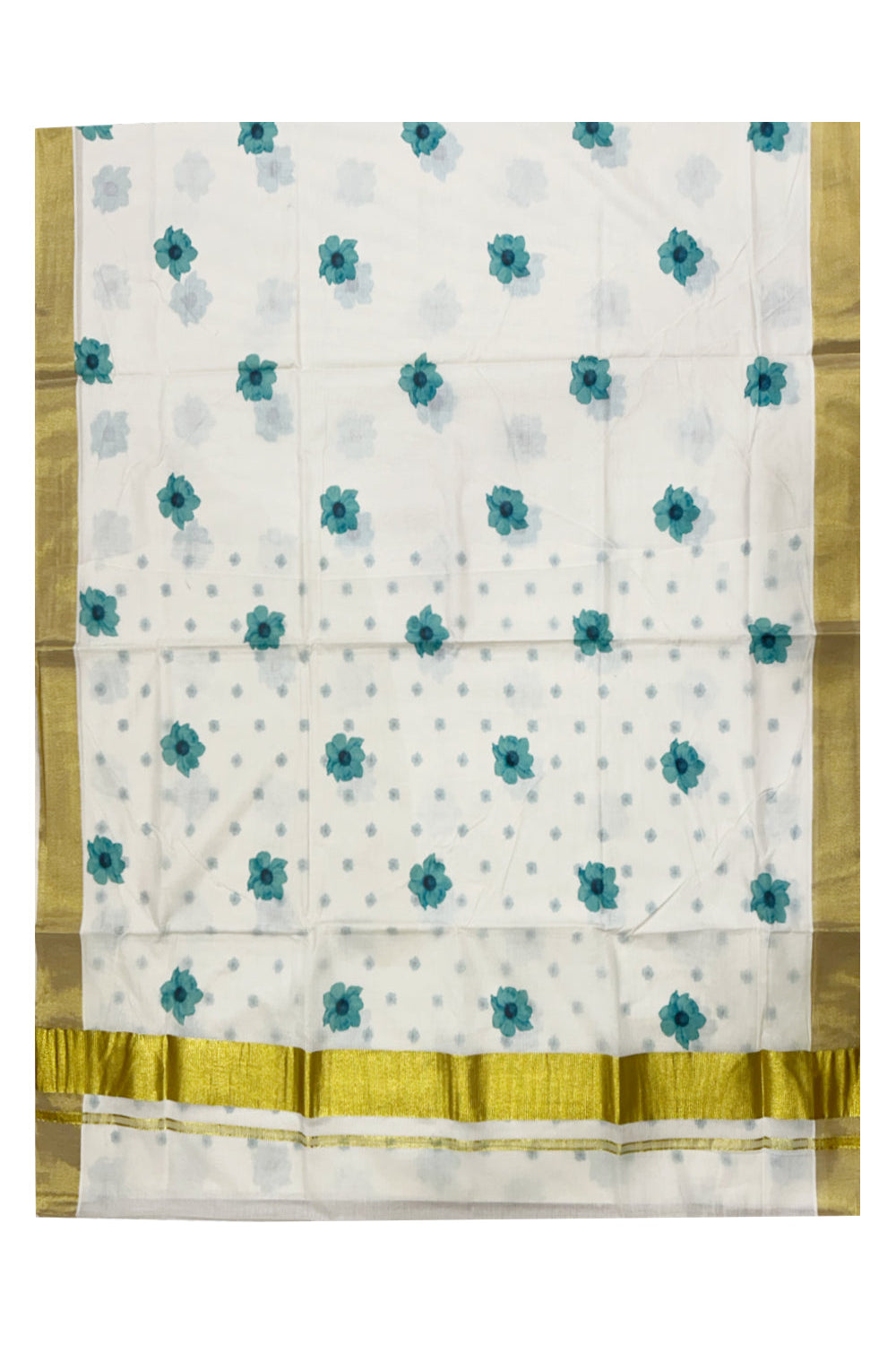 Southloom Exclusive Onam Kasavu Saree Small Turquoise Floral Digital Print