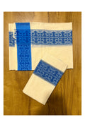 Kerala Cotton Single Set Mundu with Blue Block Print and Kasav Line Border (2.80 Mtrs)