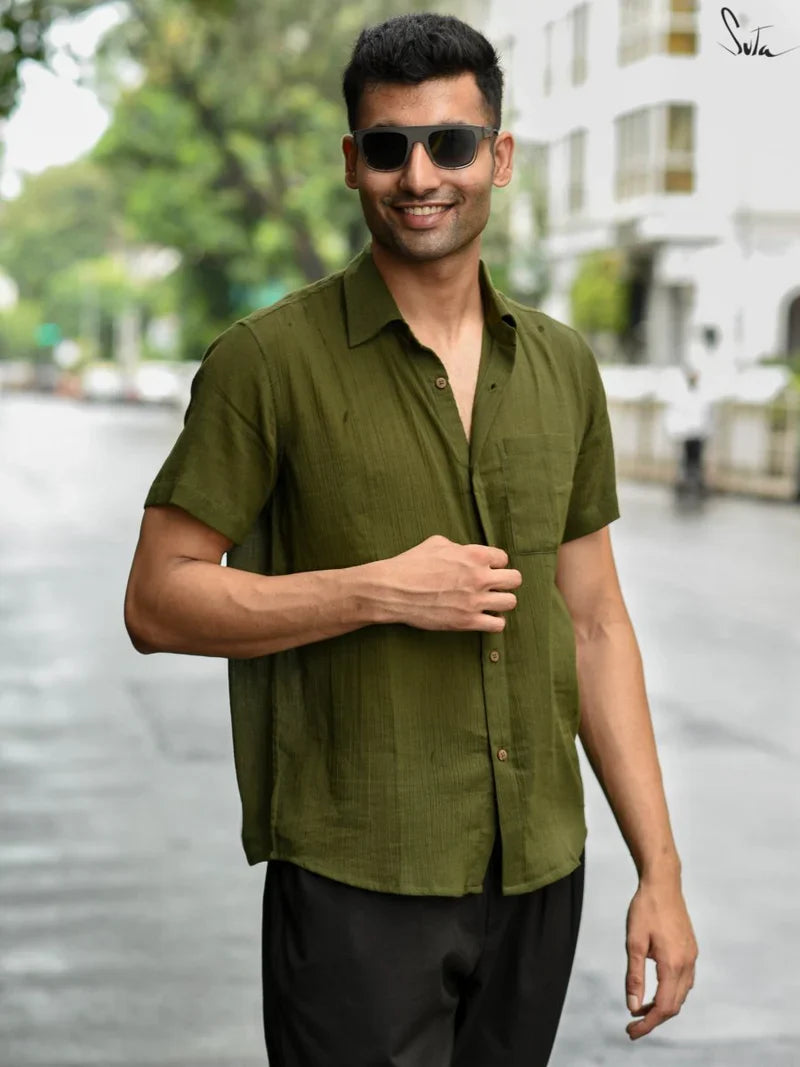 Green Cotton Half Sleeve Shirt for Men