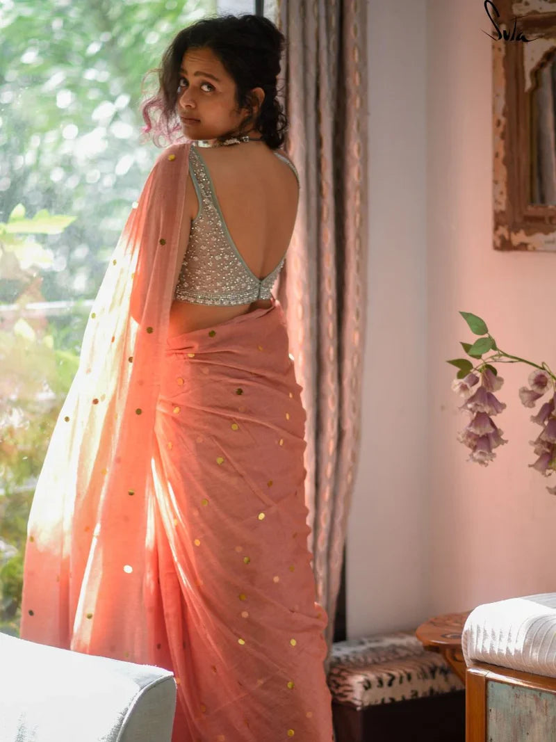 Orange Peach Mulmul Cotton Sequins Saree with Tassels