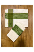 Kerala Cotton Single Set Mundu with Green Block Print Border (2.80 Mtrs)