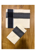Kerala Cotton Single Set Mundu with Black Block Print Border Style 2 (2.80 Mtrs)
