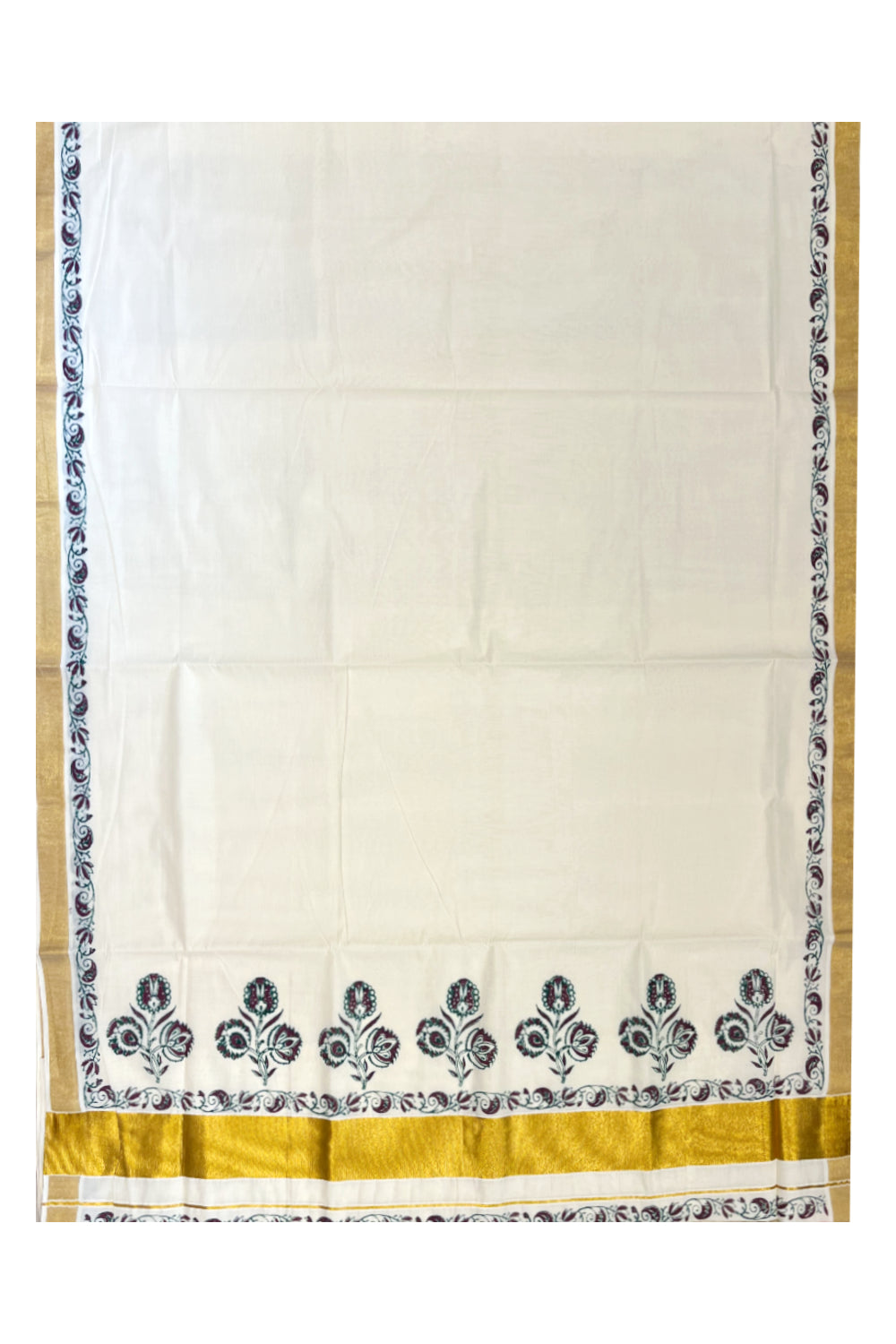 Southloom Cotton Kerala Kasavu Saree with Green and Purple Block Prints On Border