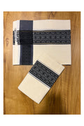 Kerala Cotton Single Set Mundu with Black Block Print Border Style 2 (2.80 Mtrs)