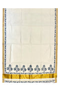 Southloom Cotton Kerala Kasavu Saree with Green and Violet Block Prints On Border