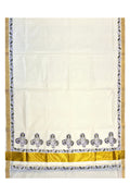 Southloom Cotton Kerala Kasavu Saree with Olive Green and Violet Block Prints Style 1