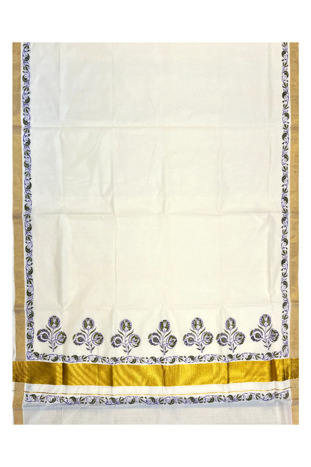 Southloom Cotton Kerala Kasavu Saree with Olive Green and Violet Block Prints Style 1