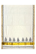 Southloom Cotton Kerala Kasavu Saree with Olive Green and Violet Block Prints Style 2
