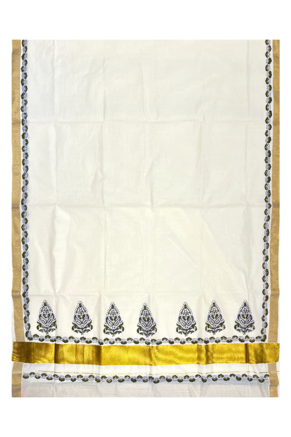 Southloom Cotton Kerala Kasavu Saree with Olive Green and Violet Block Prints Style 2