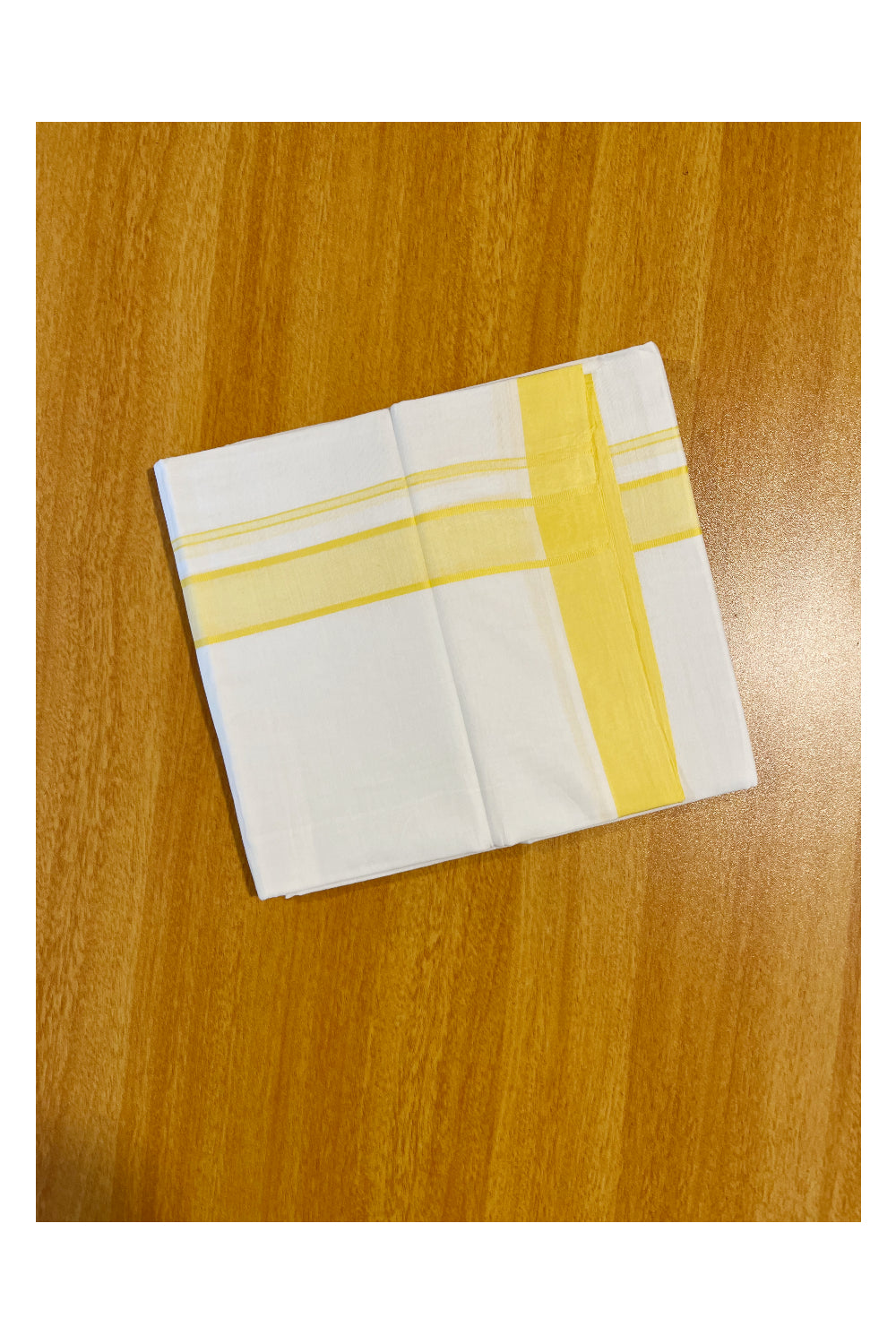 Pure White Cotton Double Mundu with Yellow Border