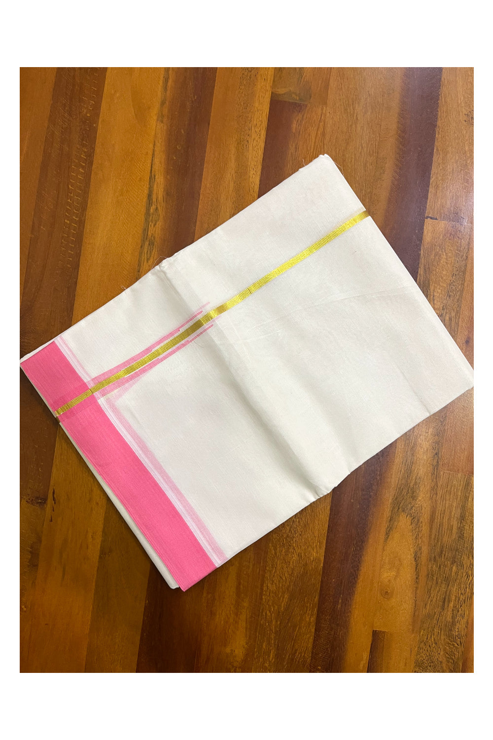 Kerala Pure Cotton Double Mundu with Kasavu Pink Chutti Kara