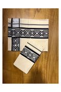 Kerala Pure Cotton Set Mundu with Black Block Prints on Silver Kasavu Border (2.80 Mtrs)