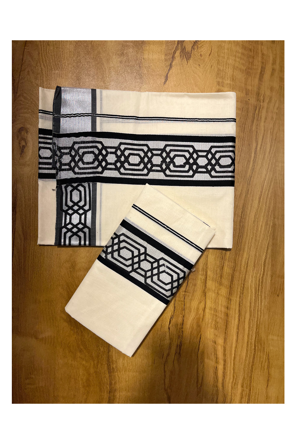 Kerala Pure Cotton Set Mundu with Black Block Prints on Silver Kasavu Border (2.80 Mtrs)